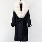 OFTBUY Winter Jacket Women Woolen Blends Coat Natural Real Fox Fur Collar Belt Loose Outerwear Casual Outerwear Streetwear
