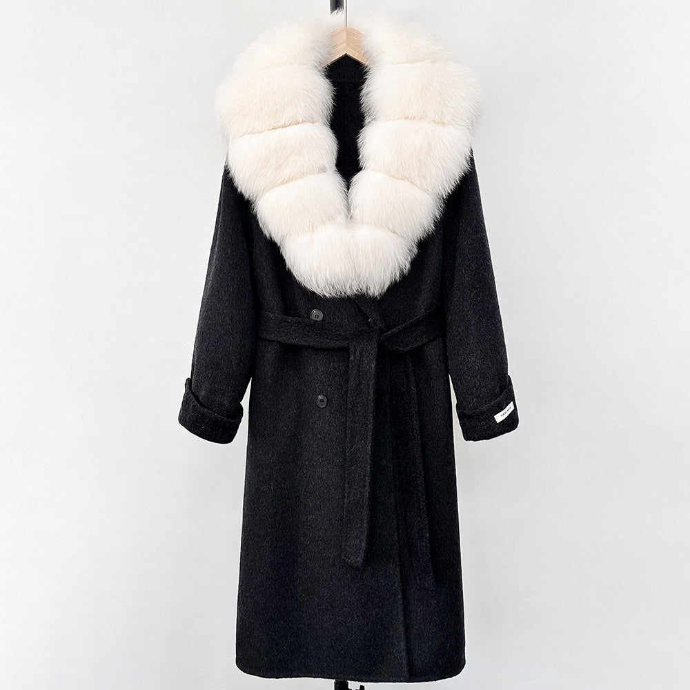 OFTBUY Winter Jacket Women Woolen Blends Coat Natural Real Fox Fur Collar Belt Loose Outerwear Casual Outerwear Streetwear