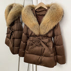 OFTBUY New Women's Duck Down Jacket with Large Real Fox Fur Hood Belted Waist Warm Winter Puffer Coat Lady Luxury Outerwear