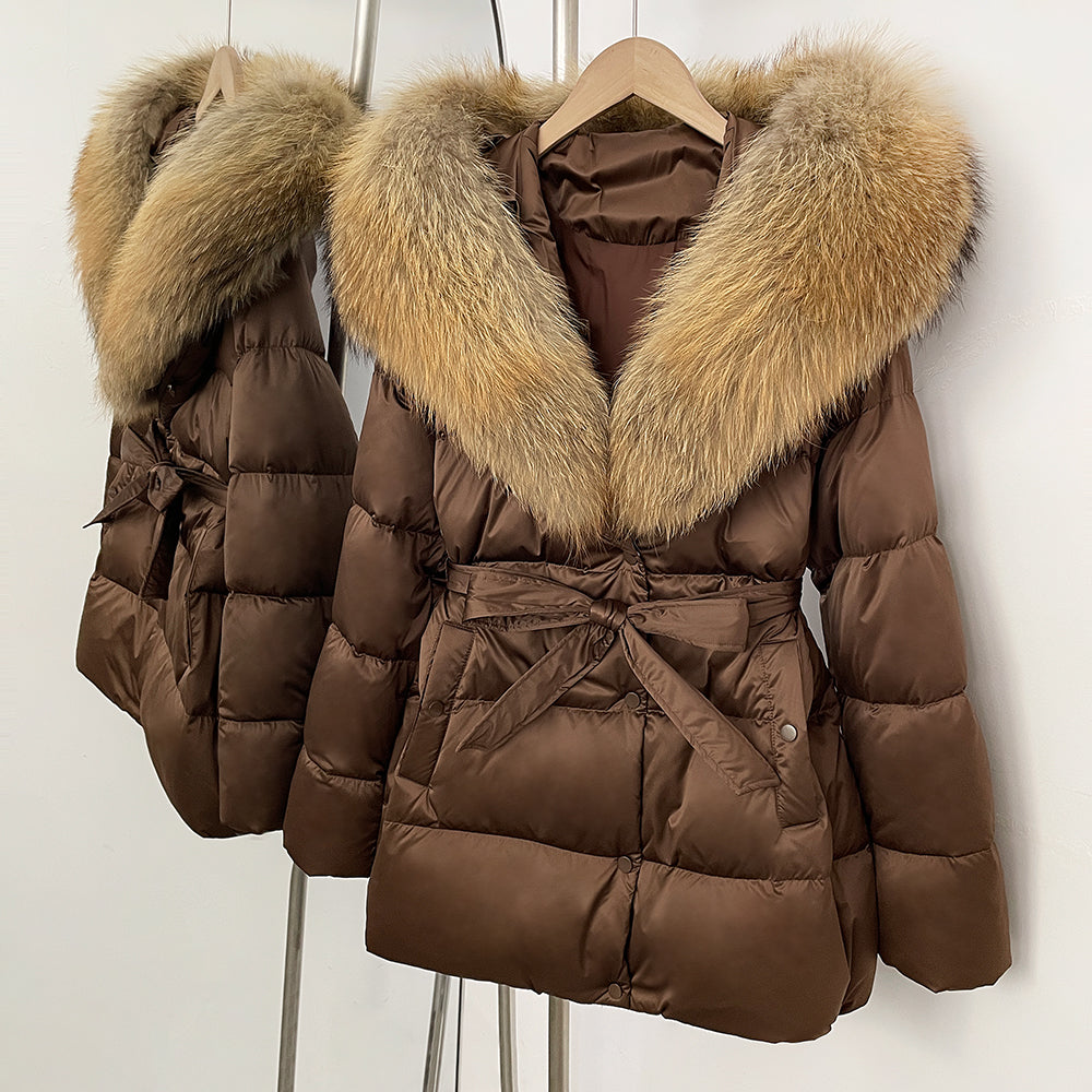 OFTBUY New Women's Duck Down Jacket with Large Real Fox Fur Hood Belted Waist Warm Winter Puffer Coat Lady Luxury Outerwear