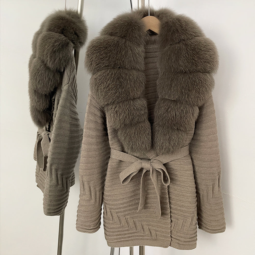 OFTBUY New Women's Knit Coat with Large Real Fox Fur Collar Belted Waist Striped Texture Pockets Winter Luxury Elegant Outerwear