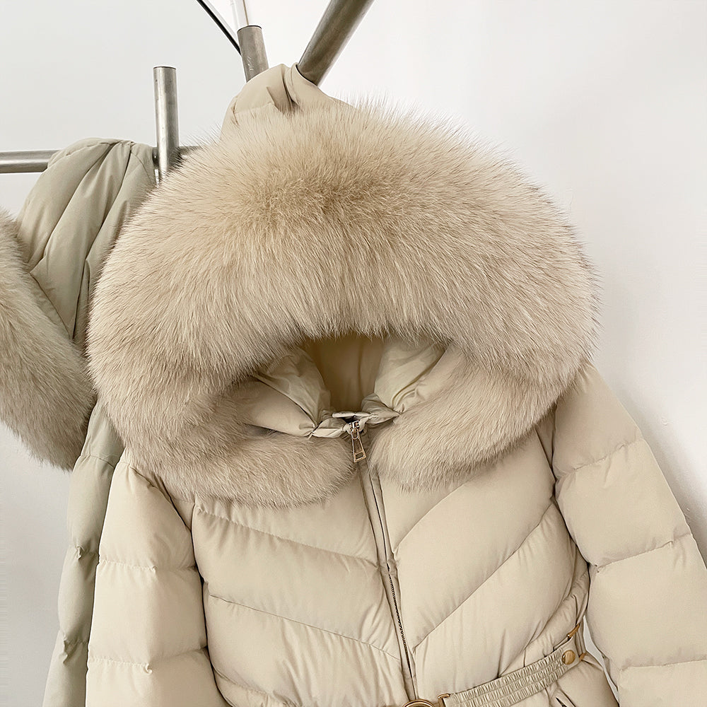 OFTBUY Belt Slim Hooded Real Fox Fur Collar Jacket Female New Winter Top Clothing Women Thickened Warm Raccoon Fur Fluffy Coat