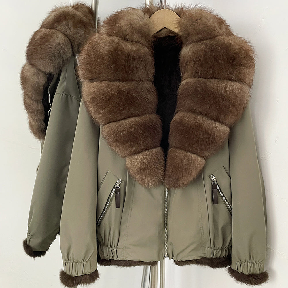 OFTBUY Luxury Real Fox Fur Collar Parka - Premium Real Rabbit Fur Lined Bomber Jacket for Extreme Cold