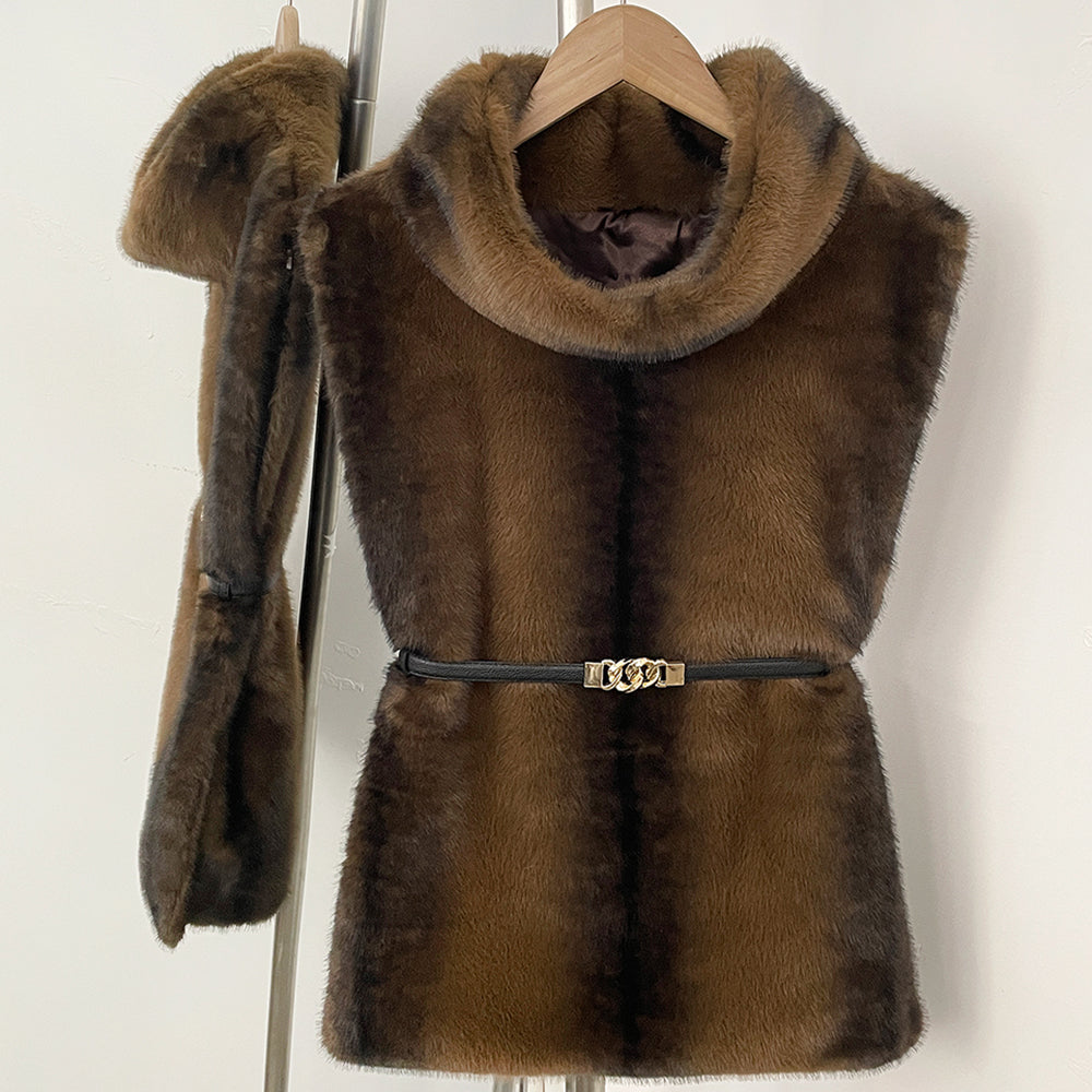 Front view of a rich mink-style brown faux fur gilet with a funnel roll neck