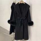OFTBUY New Women's Double-Faced Wool Coat with Real Fox Fur Cuffs Wide Lapel Belted Bow Long Warm Winter Elegant Outerwear Lady