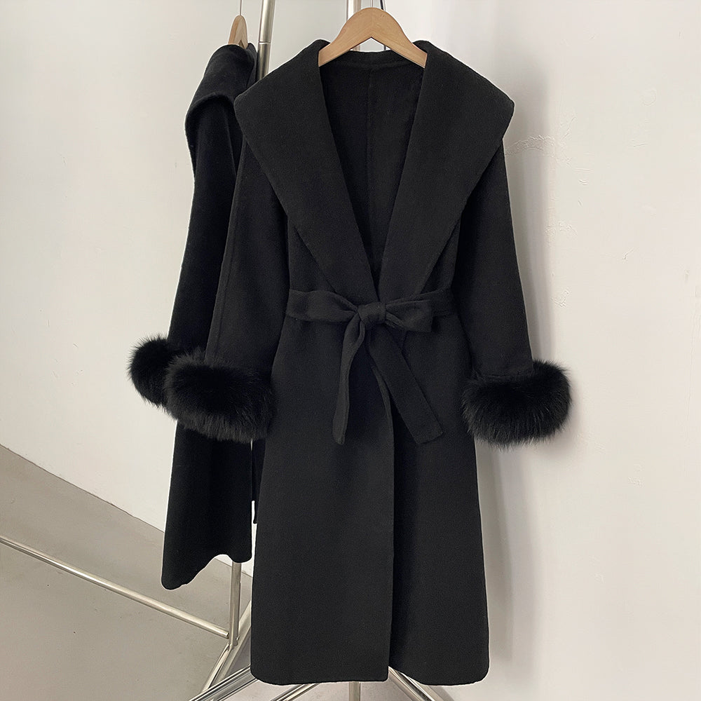 OFTBUY New Women's Double-Faced Wool Coat with Real Fox Fur Cuffs Wide Lapel Belted Bow Long Warm Winter Elegant Outerwear Lady