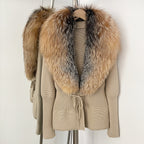 OFTBUY Luxury 100% Cotton Jacket with Real Fox Fur Collar New Autumn Winter Knit Cardigan Women Slim Warm Sweater Outerwear Lady