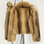 OFTBUY Luxury Oversized Lapel Faux Fur Jacket - Premium Vegan Fur Short Coat for Winter Glamour