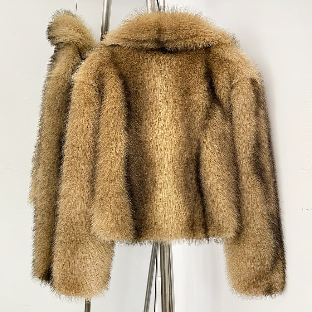 OFTBUY Luxury Oversized Lapel Faux Fur Jacket - Premium Vegan Fur Short Coat for Winter Glamour