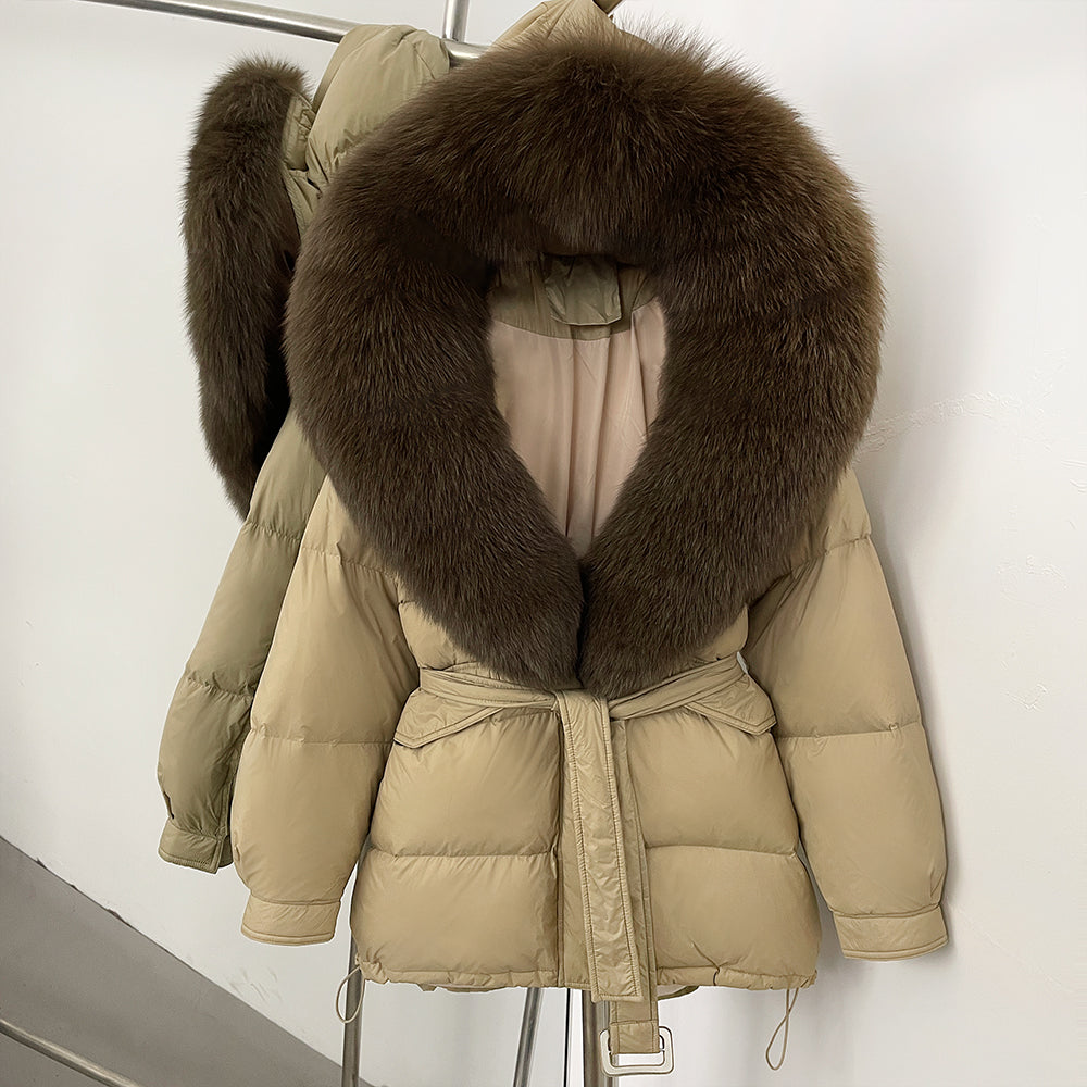 OFTBUY Thick Warm Mid-Long Puffer Coat Real Fox Fur Collar White Duck Down Coat Female Loose Warm Hooded Parkas With Belt