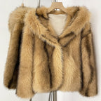 OFTBUY Luxury Hooded Faux Fur Jacket - Premium Vegan Silver Fox Style Cropped Winter Coat