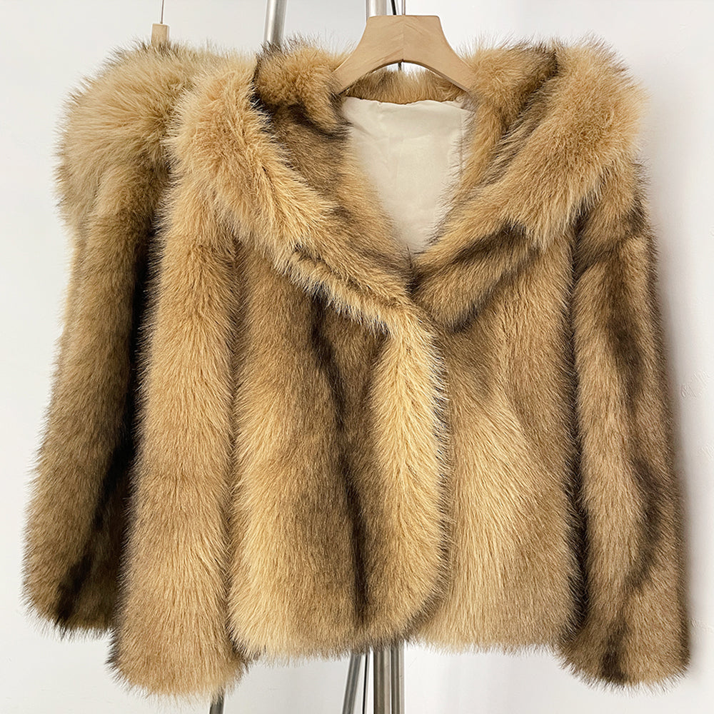 OFTBUY Luxury Hooded Faux Fur Jacket - Premium Vegan Silver Fox Style Cropped Winter Coat