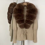 OFTBUY Luxury 100% Cotton Jacket with Real Fox Fur Collar New Autumn Winter Knit Cardigan Women Slim Warm Sweater Outerwear Lady