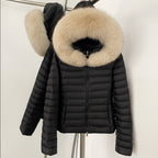 OFTBUY Hooded Slim Real Fox Fur Collar Fluffy Puffer Jacket Women New Winter Short Top Clothing Female Fur White Duck Down Coat