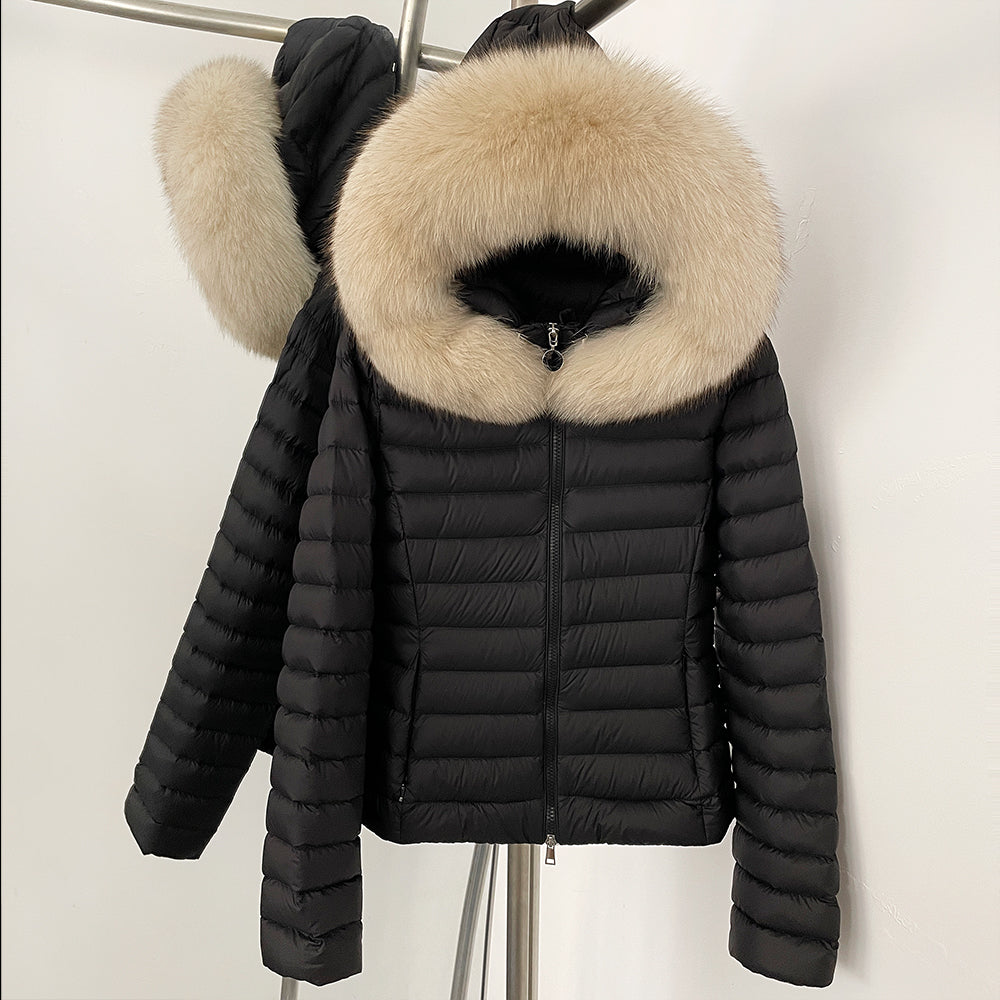 OFTBUY Hooded Slim Real Fox Fur Collar Fluffy Puffer Jacket Women New Winter Short Top Clothing Female Fur White Duck Down Coat