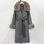 OFTBUY Fashion Warm Wool Coat with Real Fox Fur Collar New Autumn Winter Long Clothing Women Belt Elegant Woolen Jcacket Female