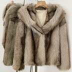 OFTBUY Luxury Hooded Faux Fur Jacket - Premium Vegan Silver Fox Style Cropped Winter Coat