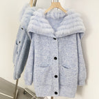 OFTBUY Sweater Femlae Button Pockets Warm Winter Luxury Outerwear New Women's Knit Cardigan with Large Real Fox Fur Collar