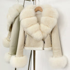 OFTBUY New Winter Real Fox Fur Collar and Cuffs Clothes Women Short Faux Leather Fake Fur Inner Jacket Female Thick Warm Coat