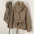 OFTBUY New Winter Woolen Clothes Women Short Belt Real Fox Fur Collar 100% Wool Jacket Feamle V-neck Loose Warm Natural Fur Coat