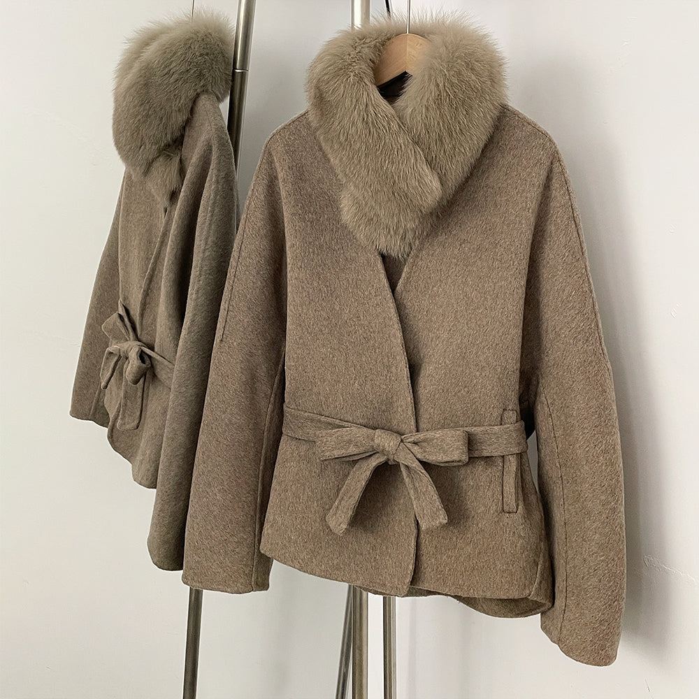 OFTBUY New Winter Woolen Clothes Women Short Belt Real Fox Fur Collar 100% Wool Jacket Feamle V-neck Loose Warm Natural Fur Coat