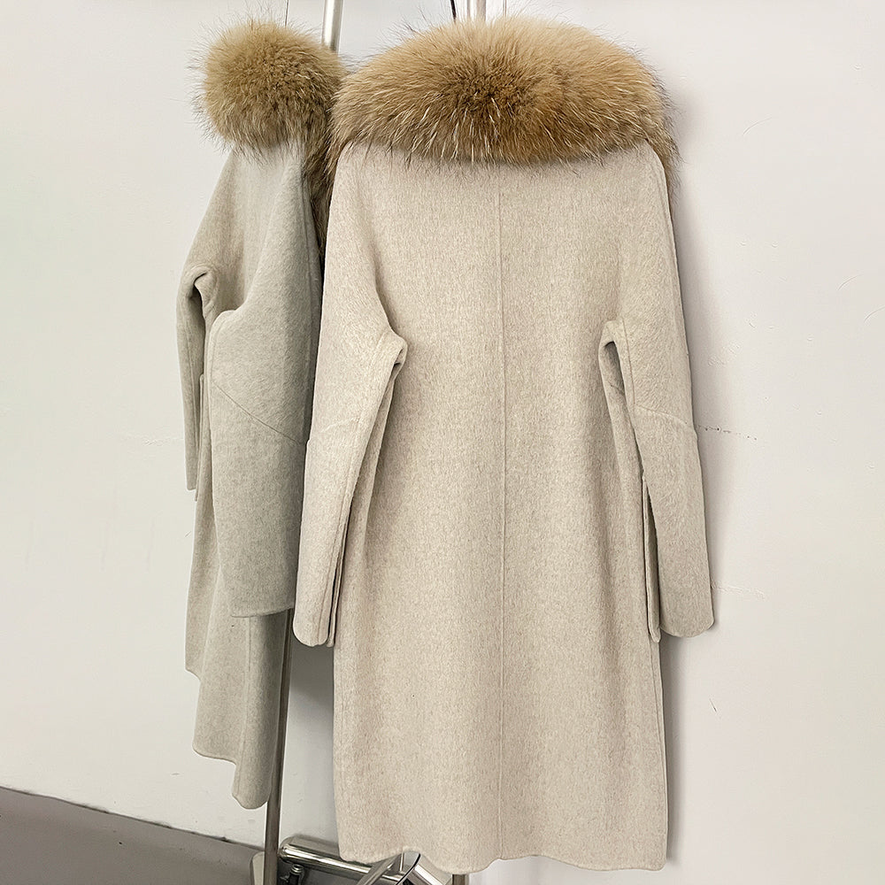 OFTBUY Double Breasted Pockets Long Luxury Warm Winter Outerwear New Women's Double-Faced Wool Coat with Real Fox Fur Collar