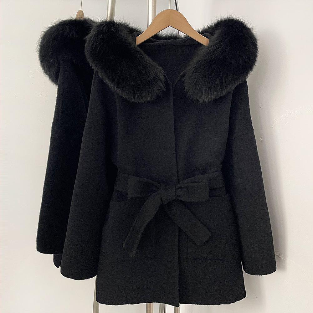 OFTBUY New Autumn Winter Top Clothes Female Hooded Natural Fur Collar 100% Wool Jacket Women Belt Real Fox Fur Woolen Coat