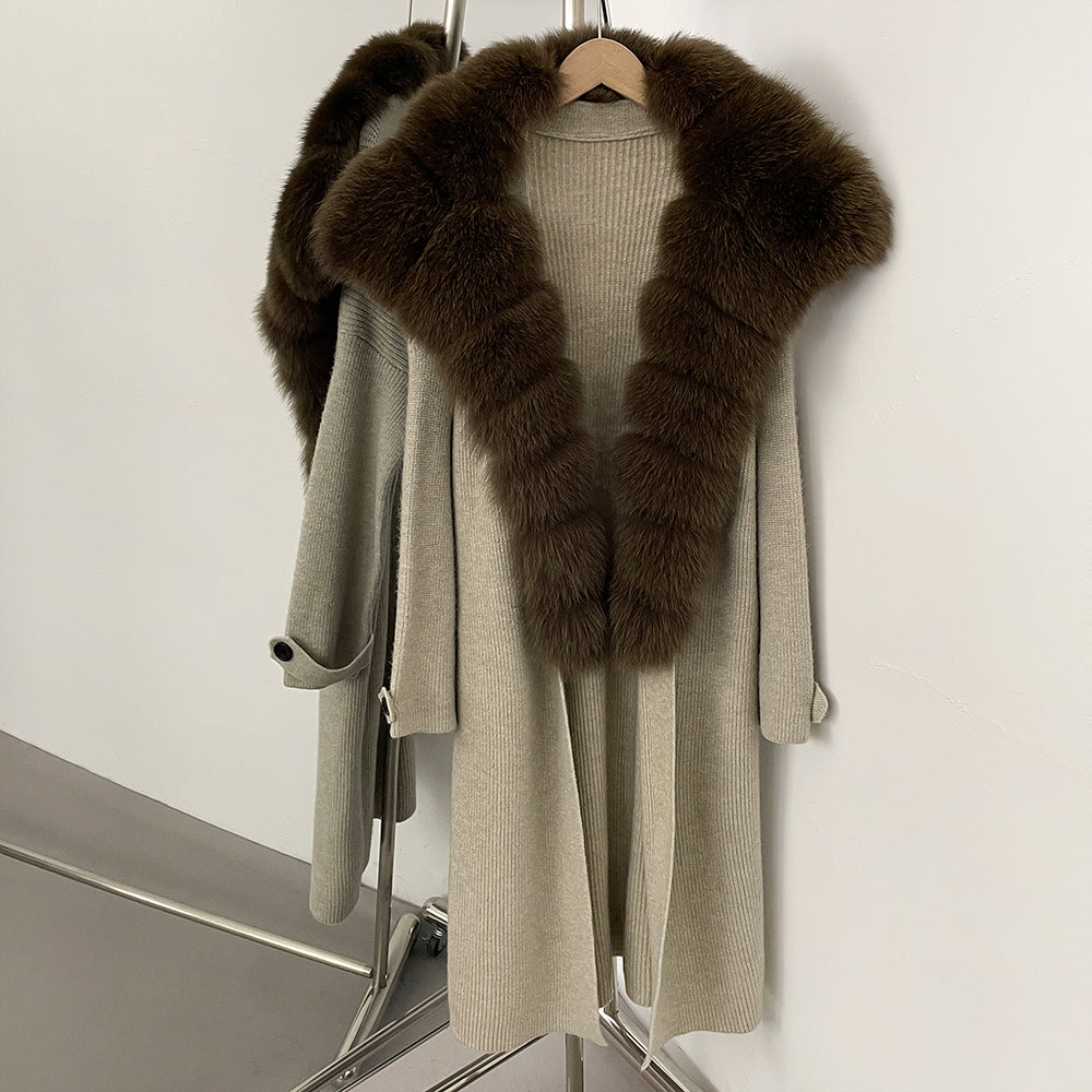OFTBUY New Autumn Winter Knit Clothing Female Long Big Real Fox Fur Collar Sweater Women Warm Fashion Elegant Cardigan Coat