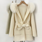 OFTBUY New Autumn Winter Top Clothes Female Hooded Natural Fur Collar 100% Wool Jacket Women Belt Real Fox Fur Woolen Coat