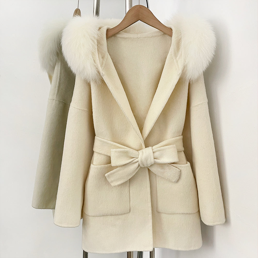 OFTBUY New Autumn Winter Top Clothes Female Hooded Natural Fur Collar 100% Wool Jacket Women Belt Real Fox Fur Woolen Coat