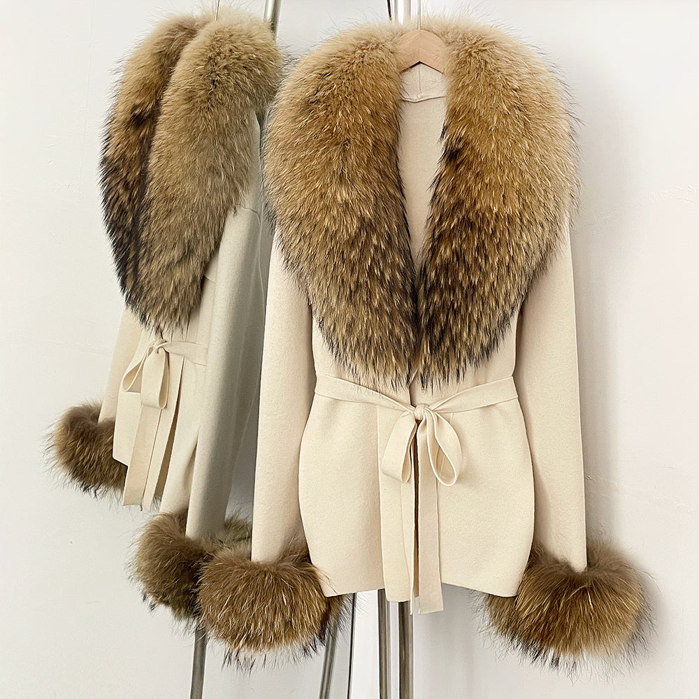 OFTBUY Belt Knit Warm Winter Luxury Casual Fashion Outerwear Sweater Female New Women's Knit Coat with Large Real Fox Fur Collar