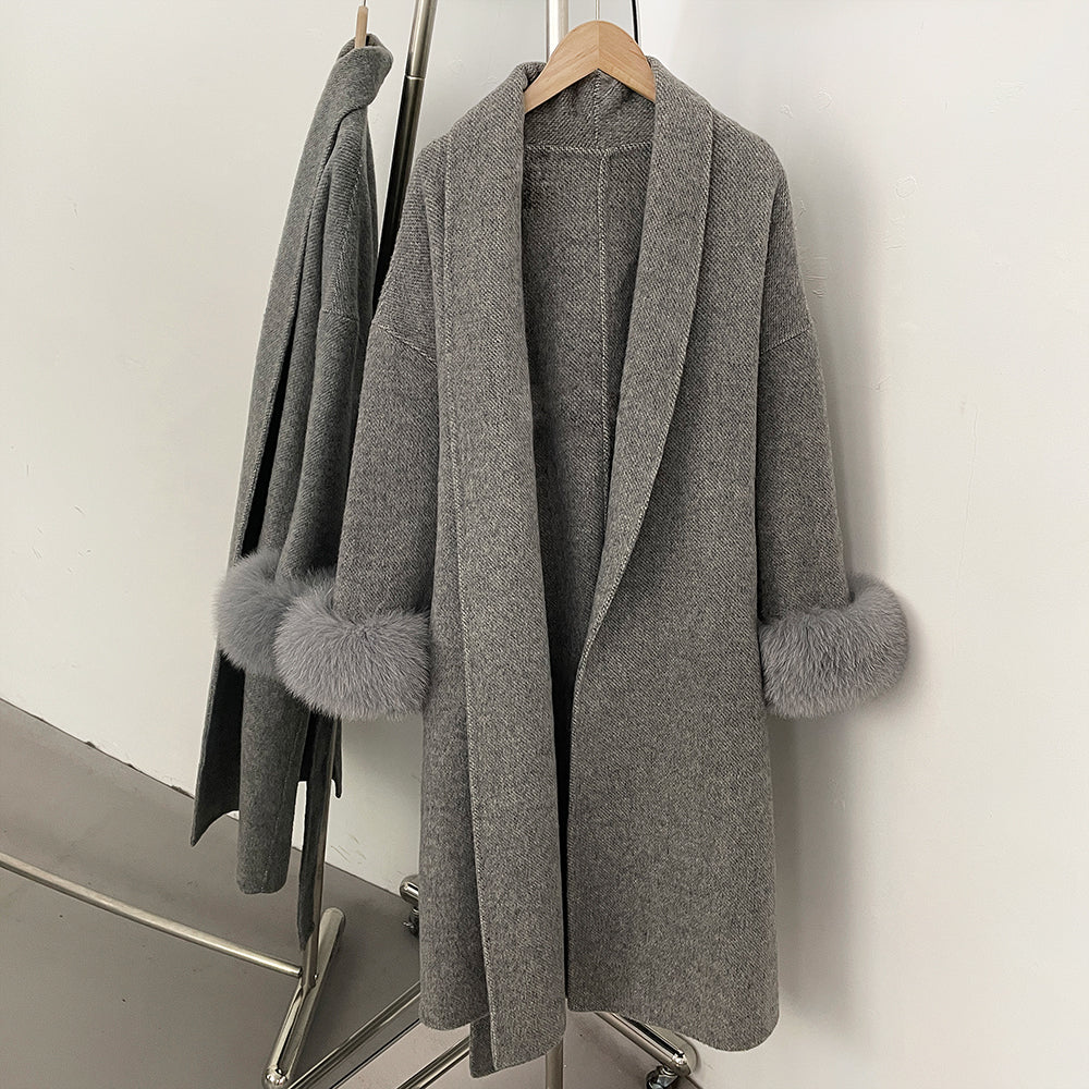 OFTBUY New Women's Double-Faced Wool Coat with Real Fox Fur Cuffs Belted Warm Winter Elegant Fashion Outerwear Wool Jacket Lady