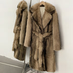 OFTBUY Luxury Long-Length Belted Faux Fur Coat - Premium Vegan Silver Fox Style Overcoat with Oversized Lapel