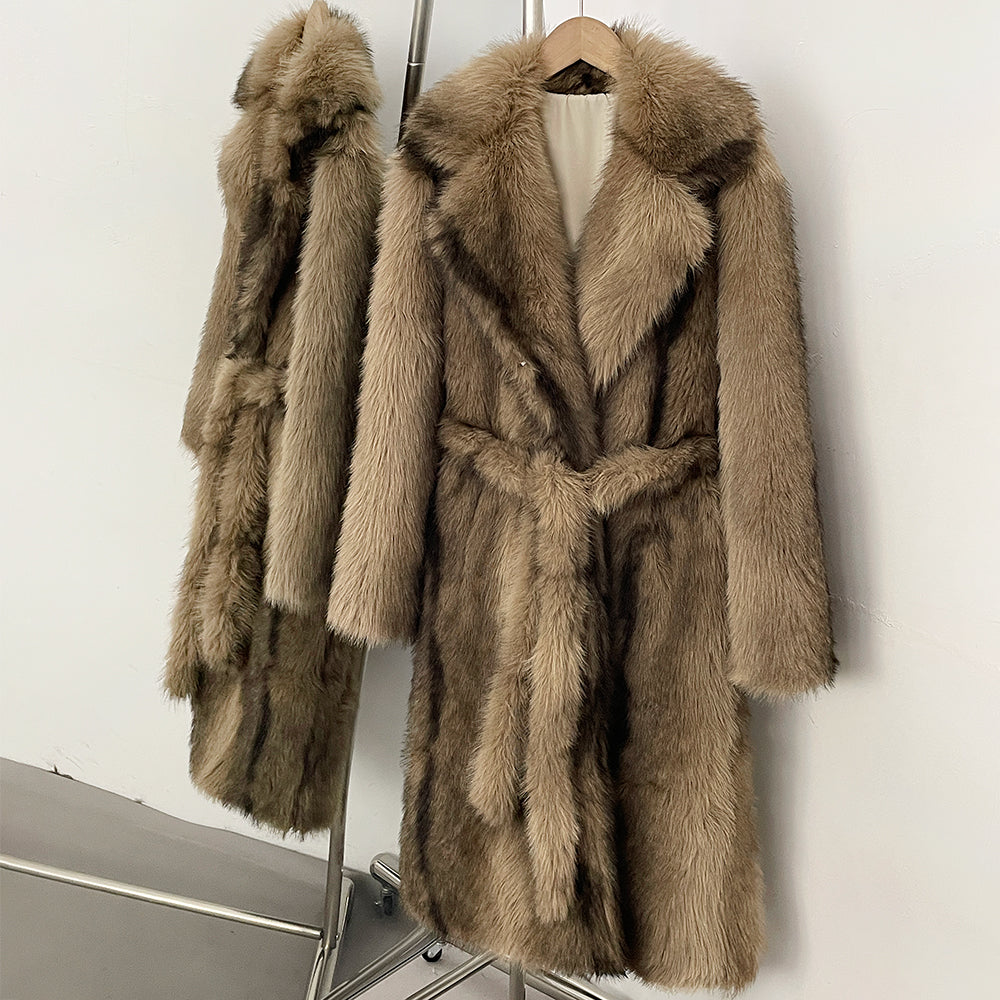 OFTBUY Luxury Long-Length Belted Faux Fur Coat - Premium Vegan Silver Fox Style Overcoat with Oversized Lapel