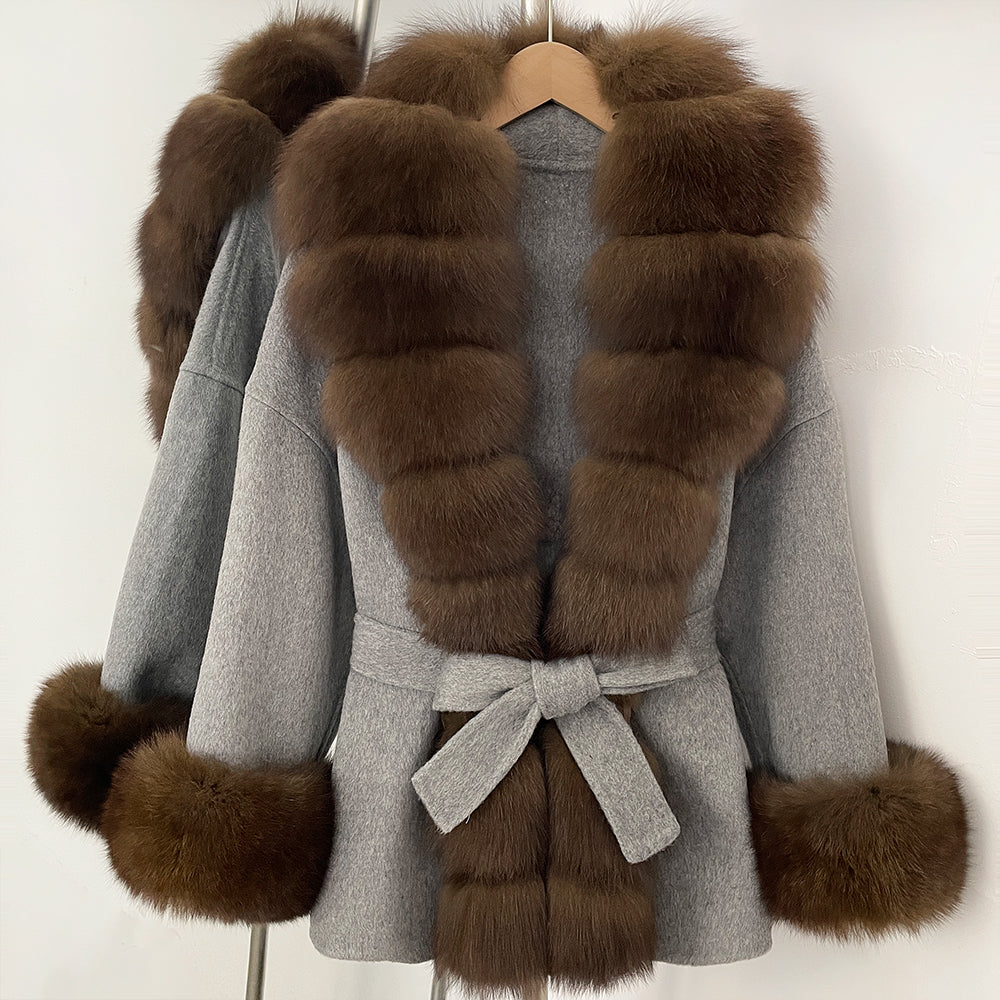 OFTBUY Big Natural Fox Fur Pinnacle 100% Wool Coat Female New Autumn Winter Clothes Women Belt Natural Fur Collar Woolen Jacket
