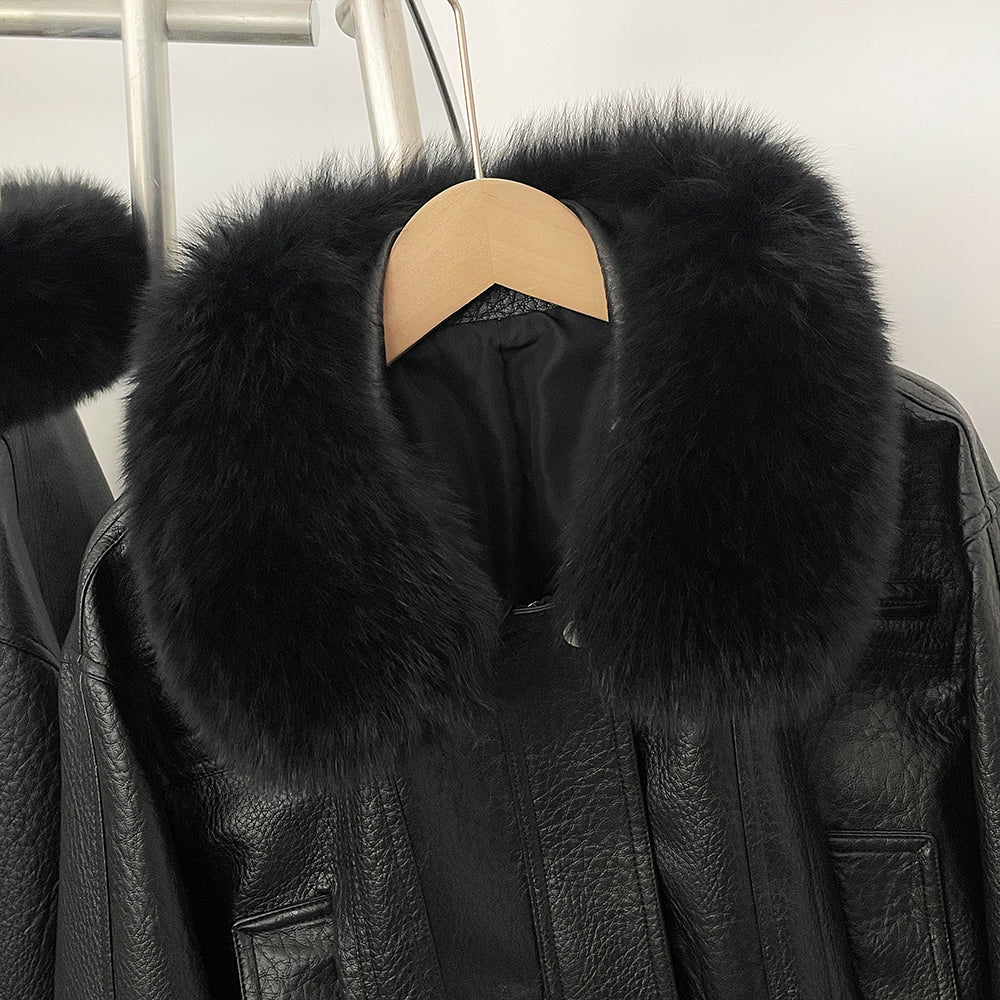 OFTBUY Women's Faux Leather Bomber Jacket with Real Fox Fur Collar PU Leather Cropped Aviator Coat Female New Winter Outerwear