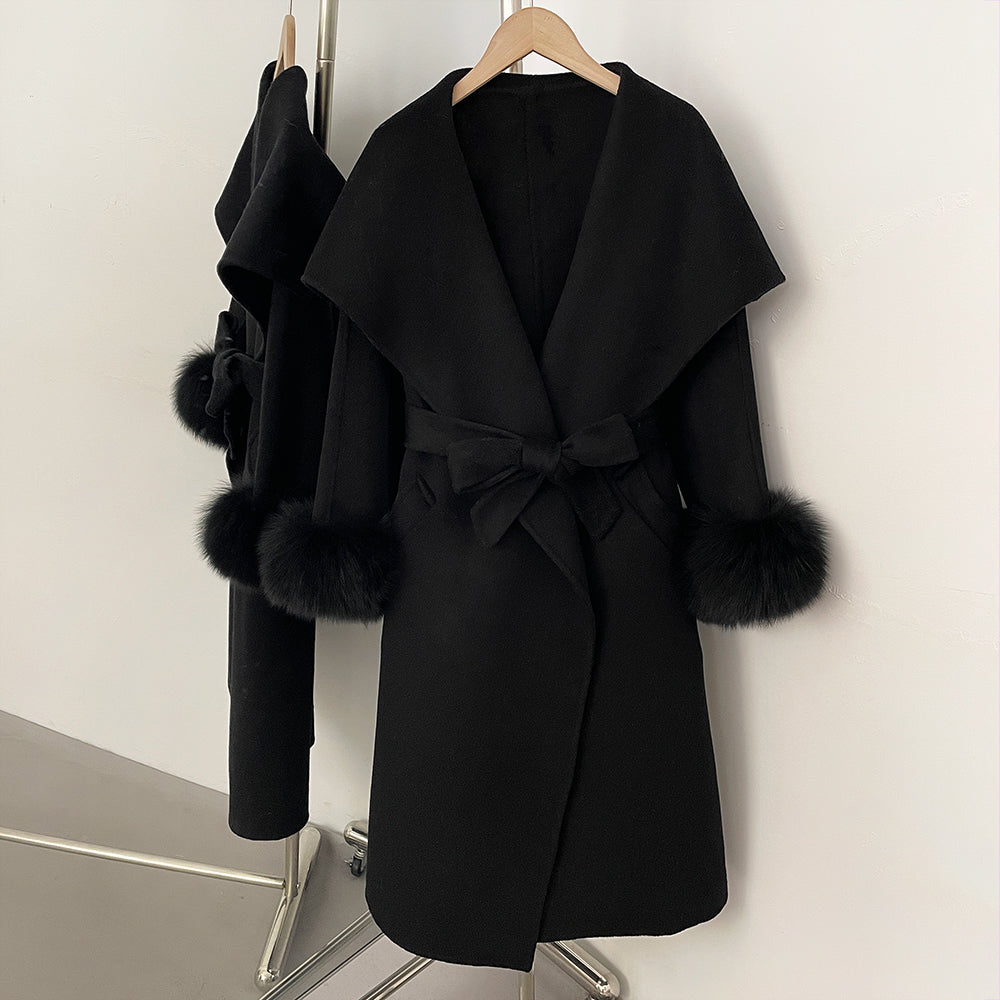 OFTBUY  Luxury Warm Woolen Jacket Women Long Big Collar 100% Wool Coat with Real Fox Fur Cuffs New Autumn Winter Clothes Femlae