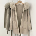 OFTBUY New Autumn Winter Top Clothes Female Hooded Natural Fur Collar 100% Wool Jacket Women Belt Real Fox Fur Woolen Coat