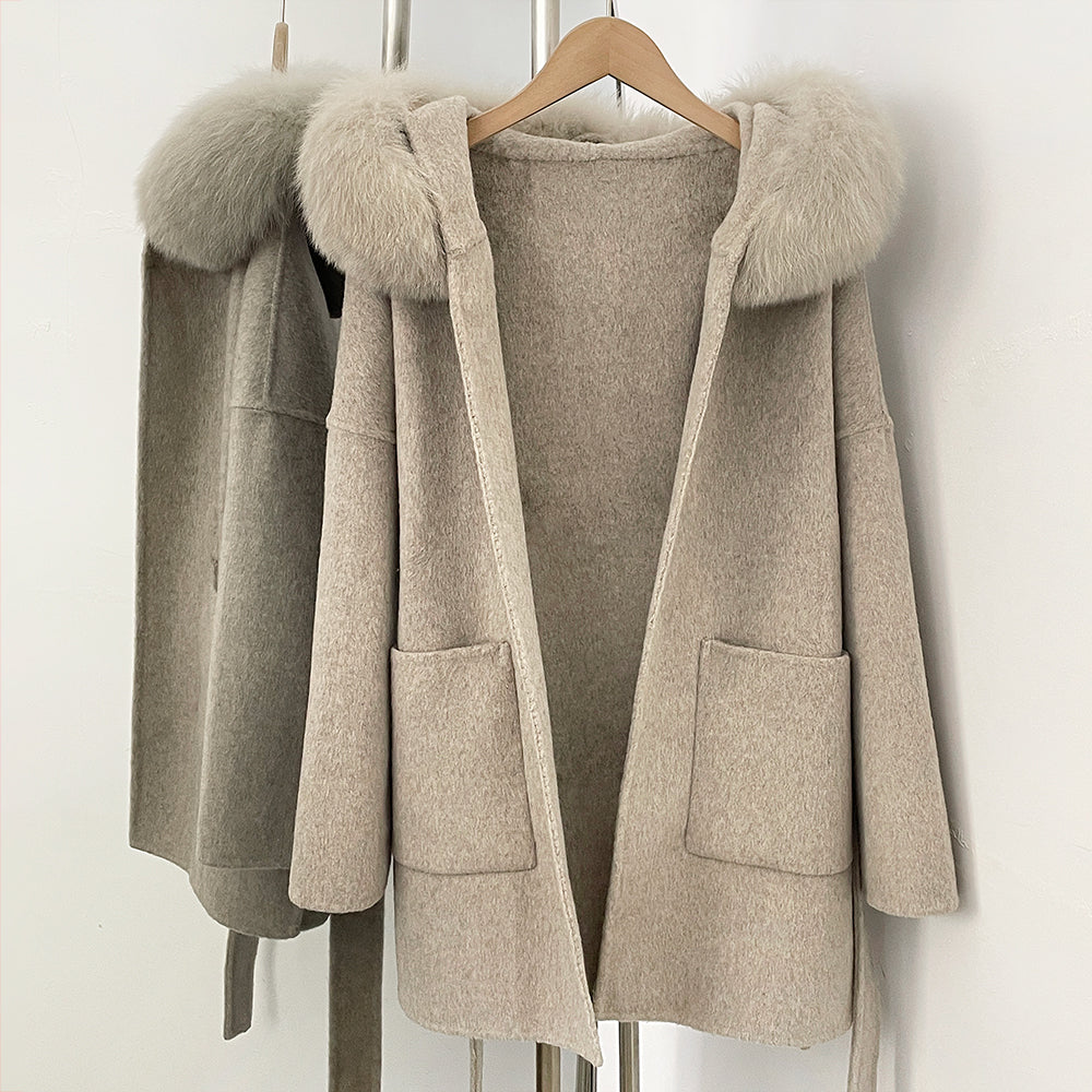 OFTBUY New Autumn Winter Top Clothes Female Hooded Natural Fur Collar 100% Wool Jacket Women Belt Real Fox Fur Woolen Coat