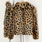 Back view of full camel leopard print real rabbit fur cropped jacket