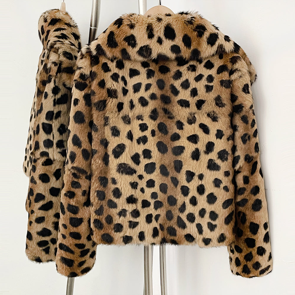 Back view of full camel leopard print real rabbit fur cropped jacket