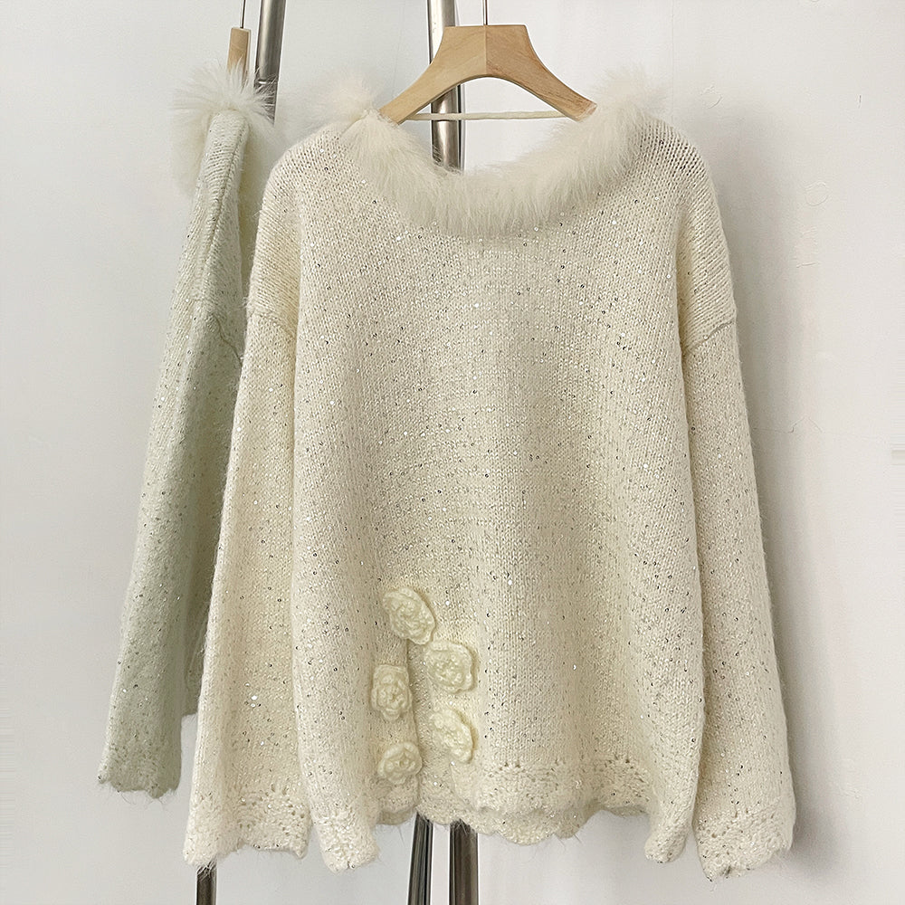 OFTBUY New Spring Autumn Loose Sequins Clothes Women Flowers Bow Knit Pullovers Jacket Female Real Fox Fur Back-length Sweater