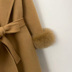 OFTBUY New Women's Double-Faced Wool Coat with Real Fox Fur Cuffs Wide Lapel Belted Bow Long Warm Winter Elegant Outerwear Lady