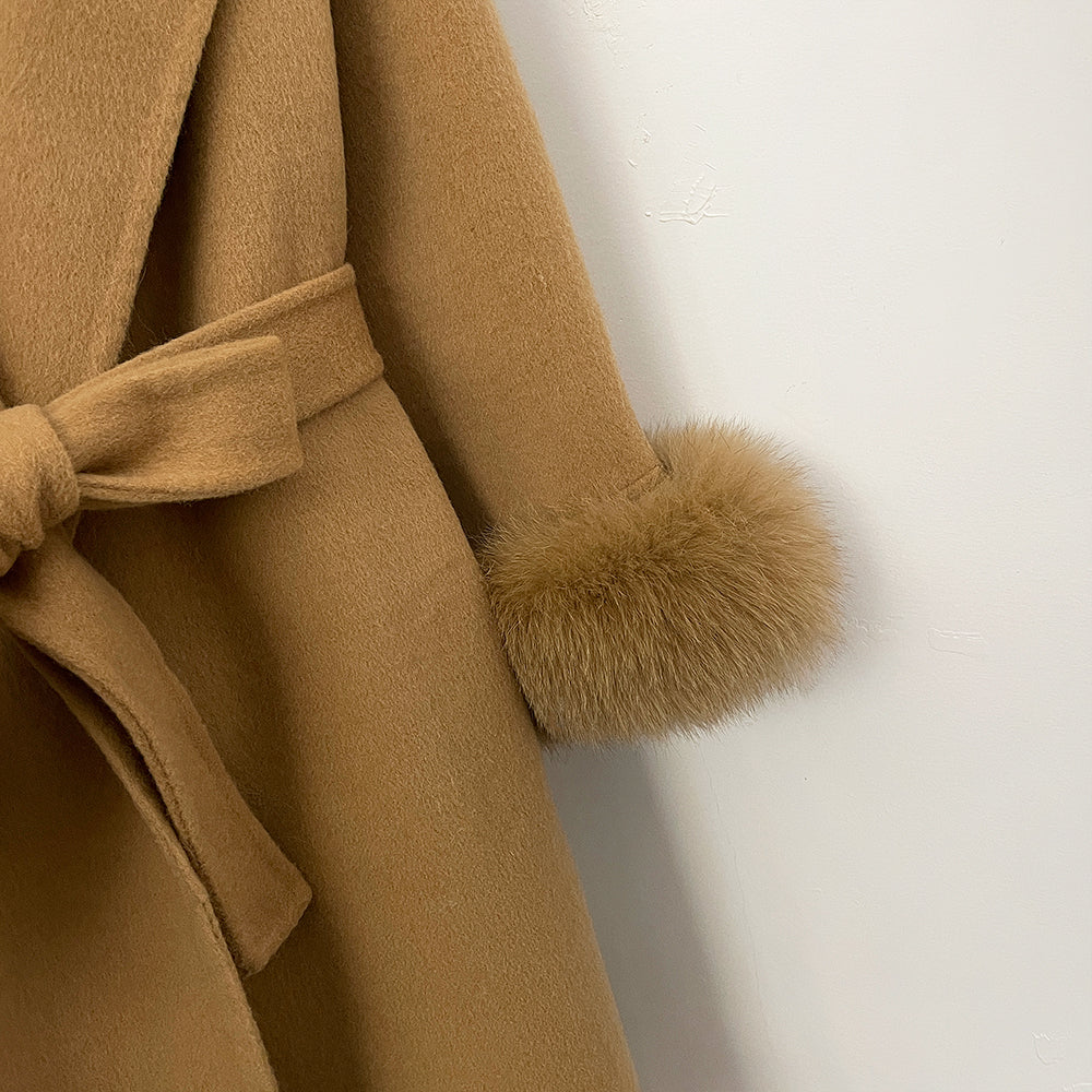 OFTBUY New Women's Double-Faced Wool Coat with Real Fox Fur Cuffs Wide Lapel Belted Bow Long Warm Winter Elegant Outerwear Lady