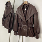 OFTBUY New Women's Faux Leather Jacket Oversized High Neck Zipper Elastic Waist Vintage Coat Female Streetwear Fashion Outerwear