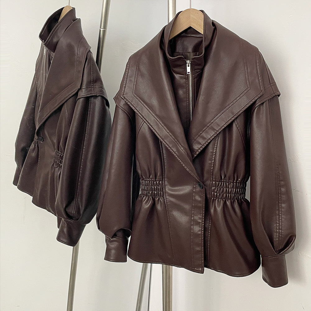 OFTBUY New Women's Faux Leather Jacket Oversized High Neck Zipper Elastic Waist Vintage Coat Female Streetwear Fashion Outerwear