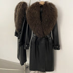 OFTBUY New Women's Long Faux Leather Trench Coat with Real Mongolian Sheep Fur Collar Belted Waist Luxury Jacket Warm Outerwear