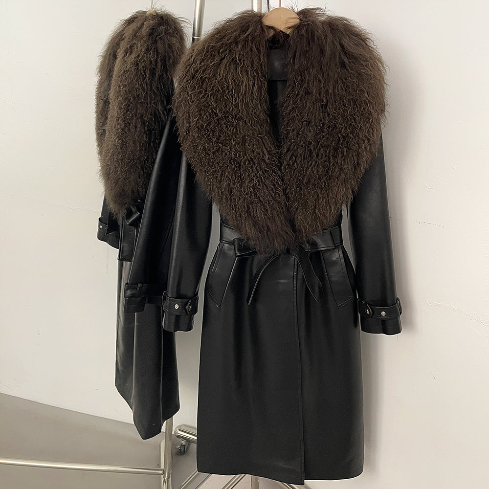 OFTBUY New Women's Long Faux Leather Trench Coat with Real Mongolian Sheep Fur Collar Belted Waist Luxury Jacket Warm Outerwear