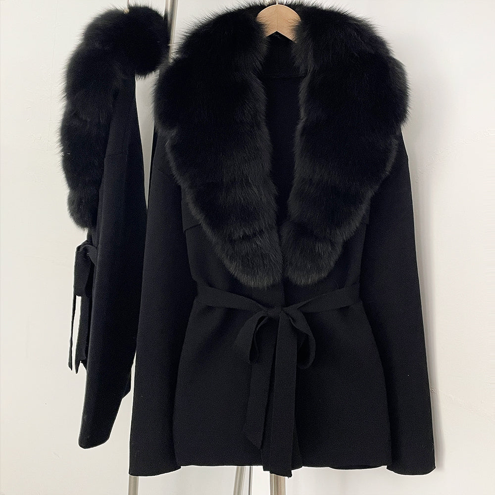 OFTBUY New Autumn Winter Luxury Fashion Outerwear Lady Women's Knit Coat with Large Real Fox Fur Collar Belt Textured Knit Warm