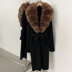 OFTBUY Women's Luxury Brown Knit Cardigan with Real Fox Fur Collar Belted Sweater Coat Female New Fashion Warm Winter Outerwear